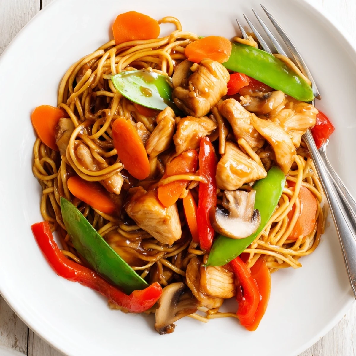 Easy slow cooker chicken lo mein featuring juicy chicken pieces alongside snow peas and mushrooms in savory soy glaze
