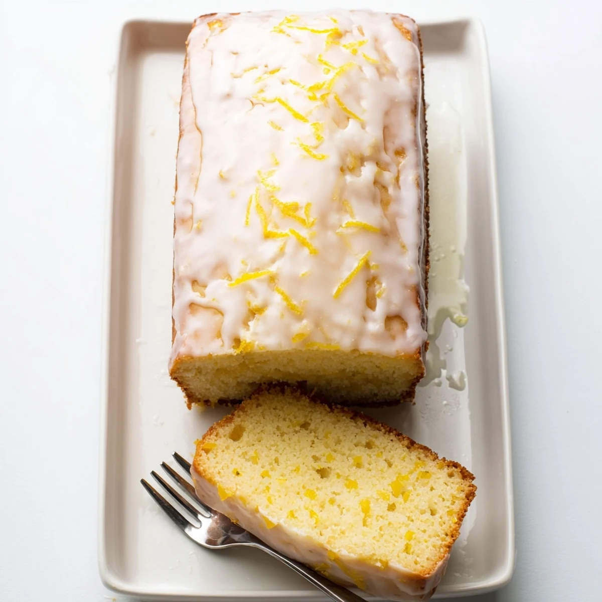 Golden lemon loaf cake drizzled with white citrus glaze on a wooden board