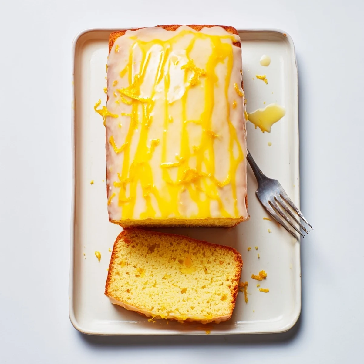 Moist lemon loaf slice topped with tangy glaze and fresh lemon zest garnish