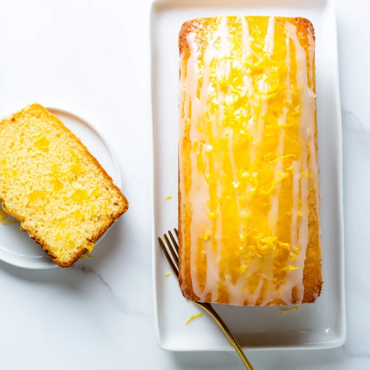 Glazed lemon loaf cake standing tall on serving plate with dripping icing