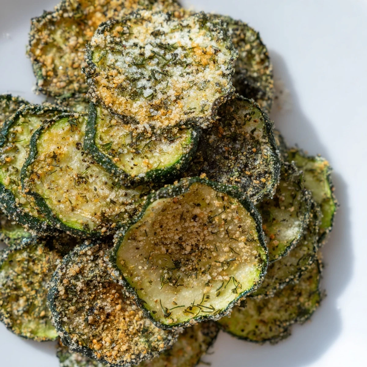 Thin cucumber rounds coated in zesty ranch seasoning arranged on a white serving platter