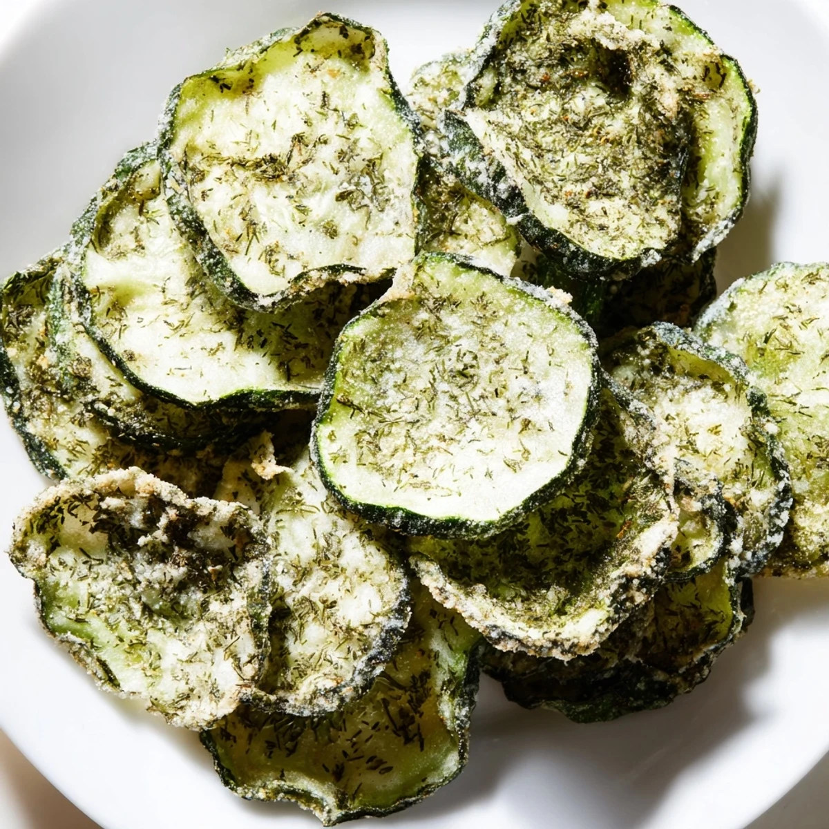 A bowl of refreshing ranch cucumber chips ready for healthy snacking with visible dill sprinkles