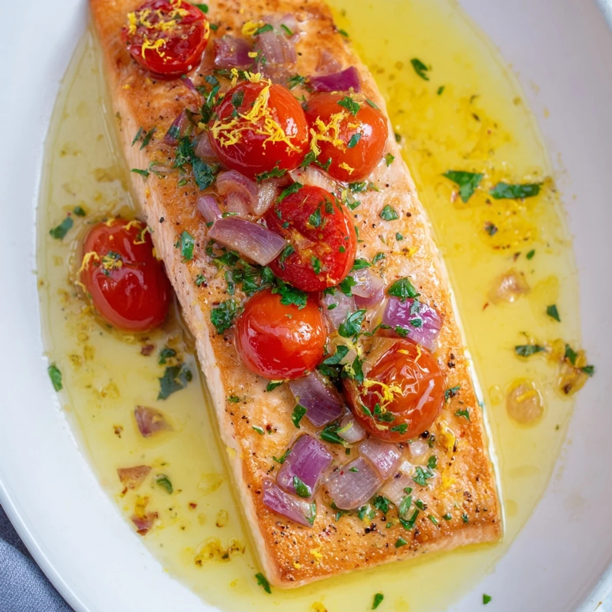 Flaky quick and easy salmon resting in zesty tomato lemon sauce with juicy cherry tomatoes