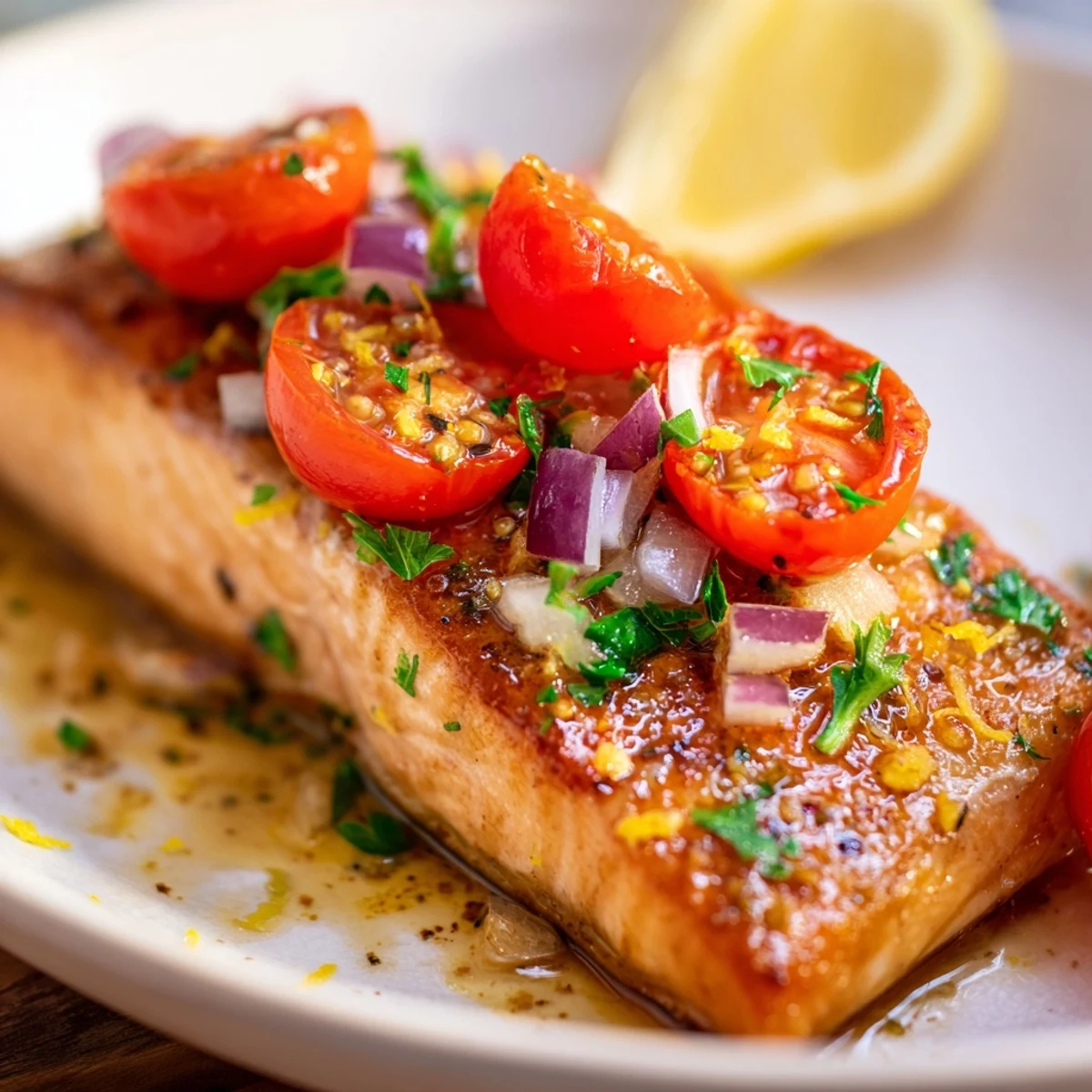 Golden pan-seared salmon fillets topped with vibrant tomato lemon sauce and fresh parsley garnish
