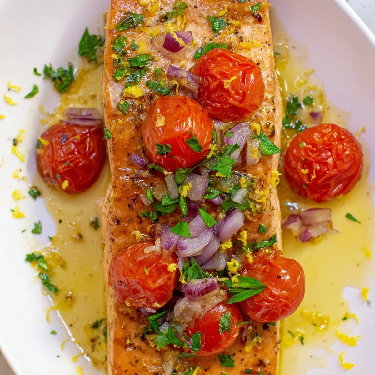 Speedy healthy dinner featuring salmon fillets simmered in garlic tomato lemon sauce with red onion