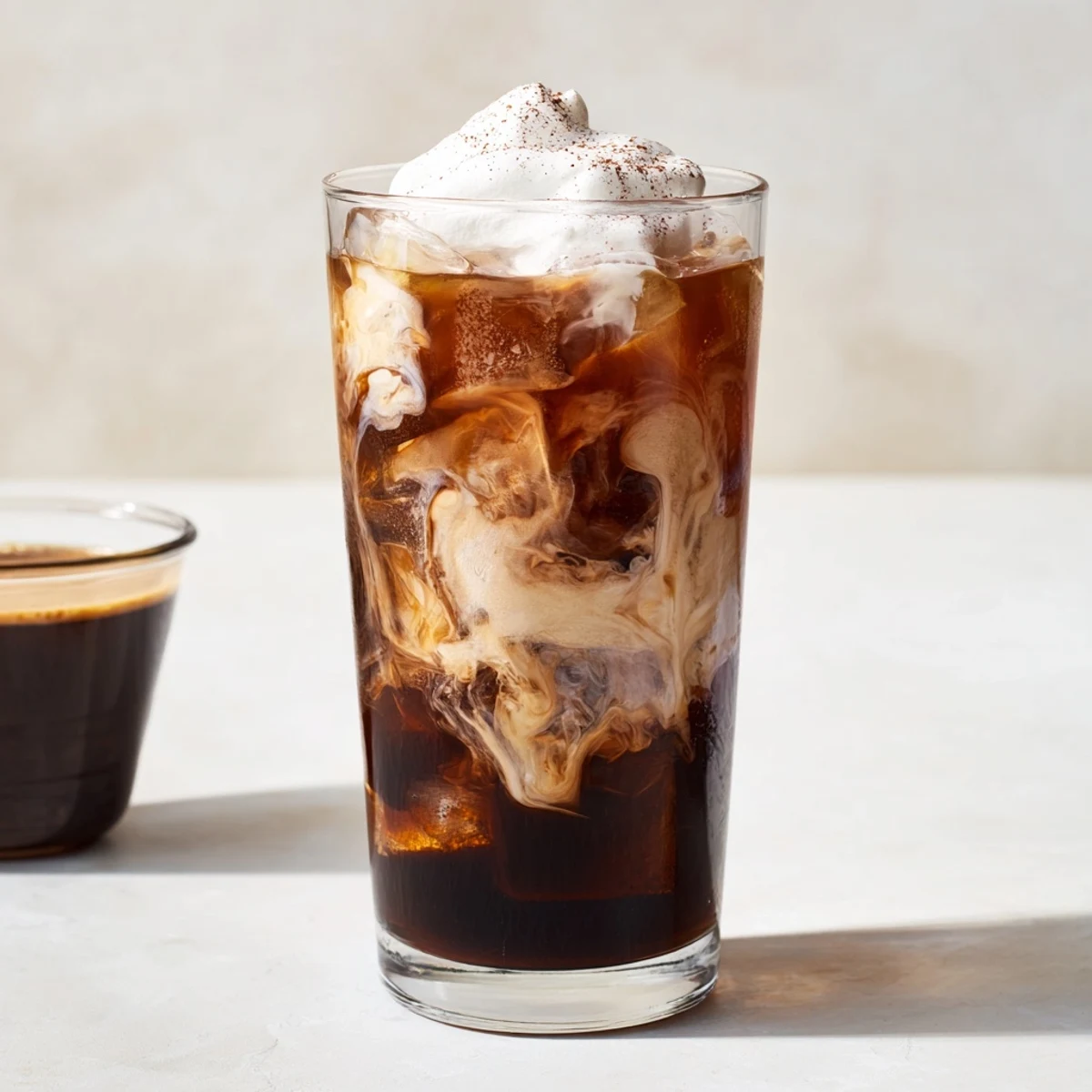 Garnished glass of refreshing iced coffee with whipped cream and cinnamon sprinkle