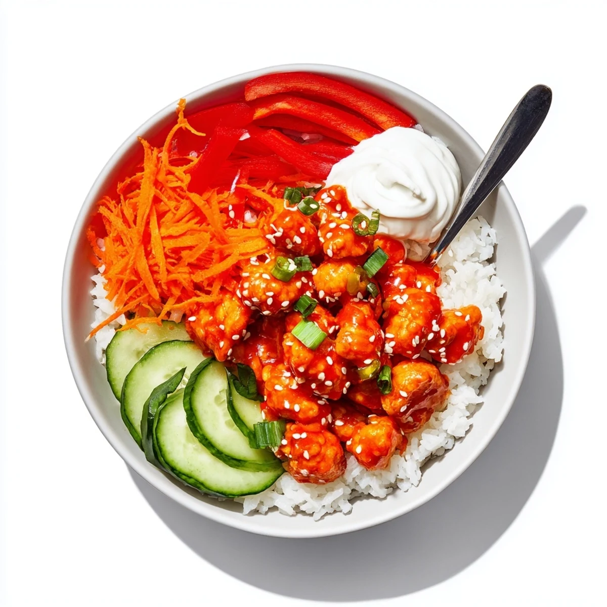 Vibrant Asian-inspired firecracker ground chicken bowl topped with colorful carrots, cucumber, and sesame seeds