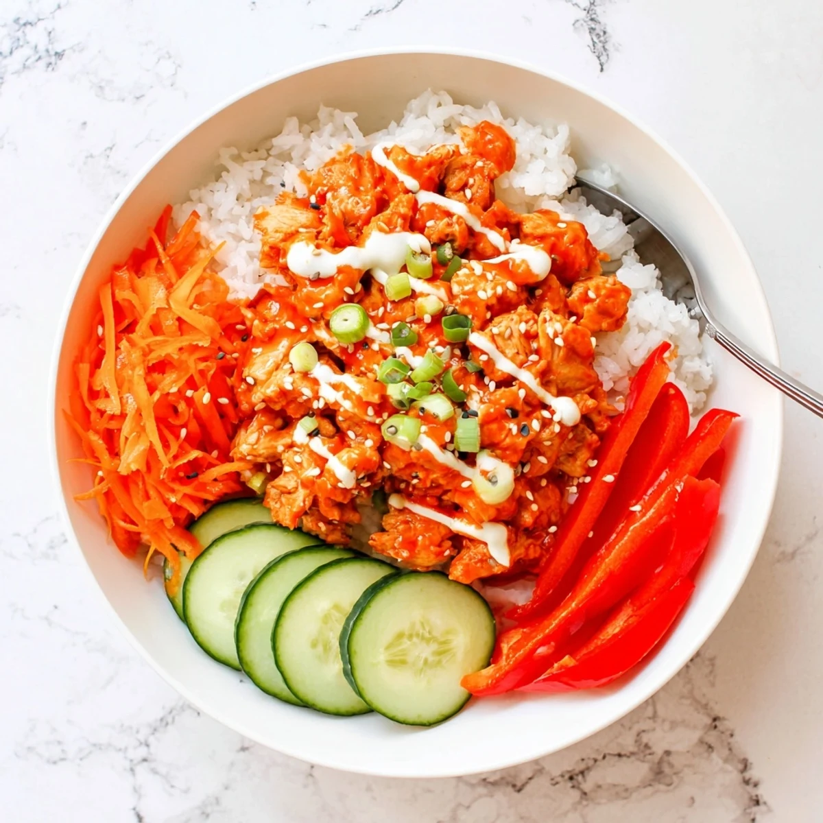 Fiery firecracker ground chicken bowl featuring glazed meat in spicy sauce over rice with fresh crunchy veggies