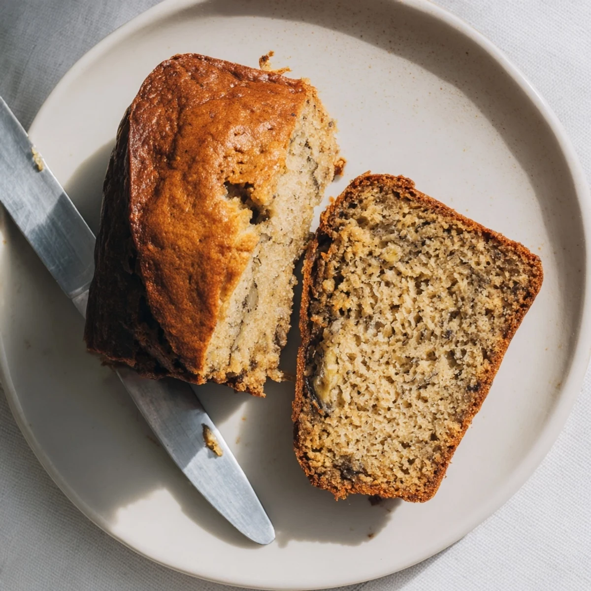 Slice of delicious banana bread showing soft tender texture, perfect for breakfast with a cup of coffee