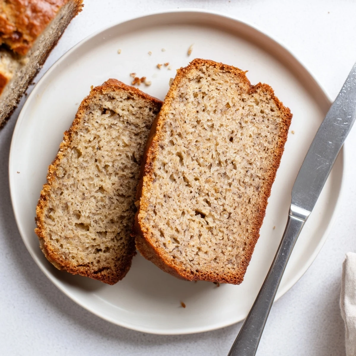 Golden brown moist banana bread loaf with a cracked top, freshly baked and cooling on a wire rack