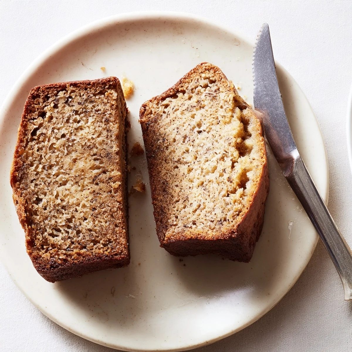 Whole loaf of moist banana bread sprinkled with coarse sugar, ready to be sliced into thick pieces