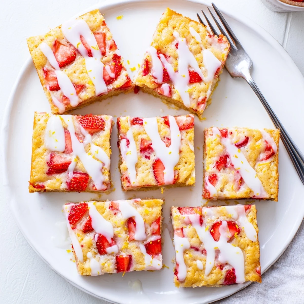 Golden brown strawberry lemon blondies topped with creamy white lemon glaze on a serving plate