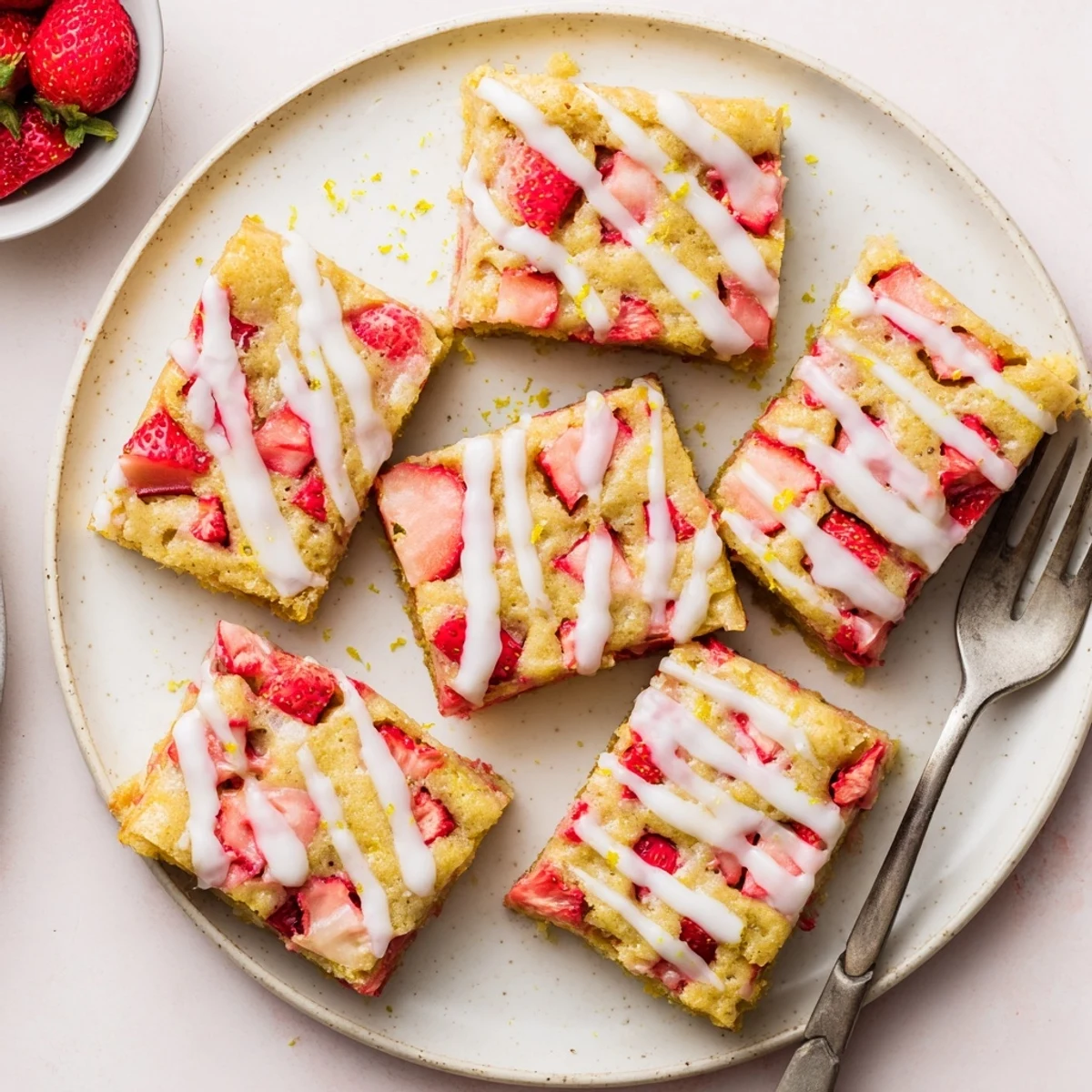 Chewy fruit-filled blondies studded with fresh red strawberries and bright lemon zest drizzled with glaze
