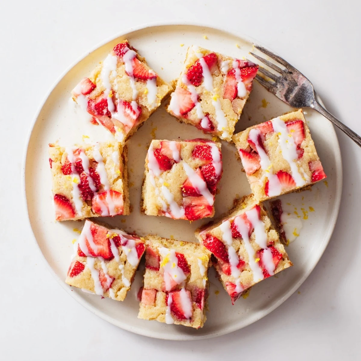 Square strawberry lemon blondies cut into bars showing juicy strawberry pieces and tangy lemon icing