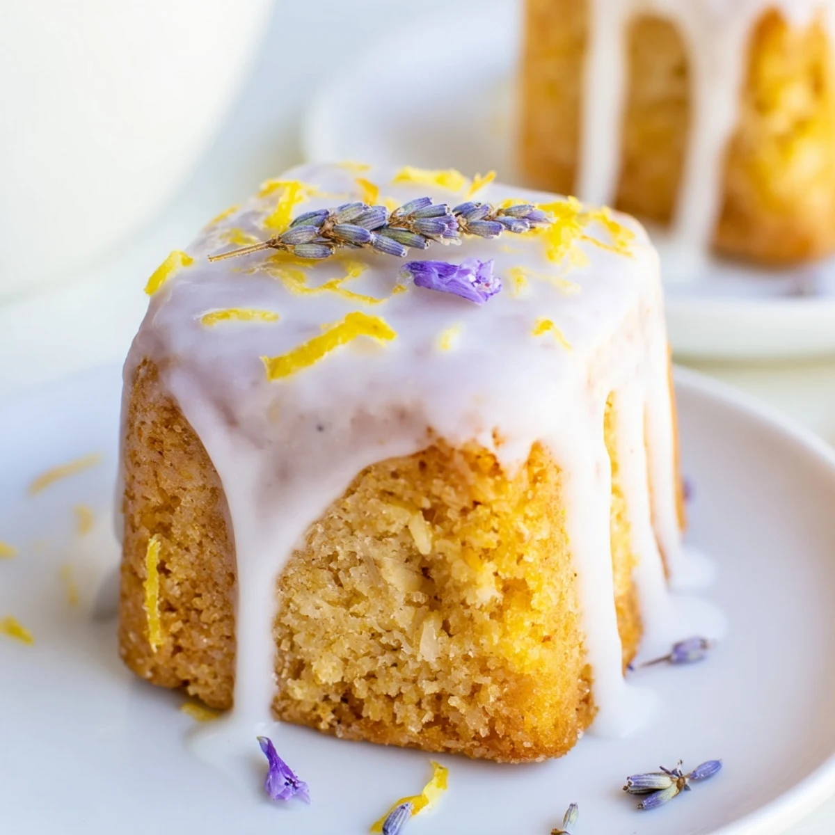 Golden mini lemon cakes with lavender glaze drizzling down the sides