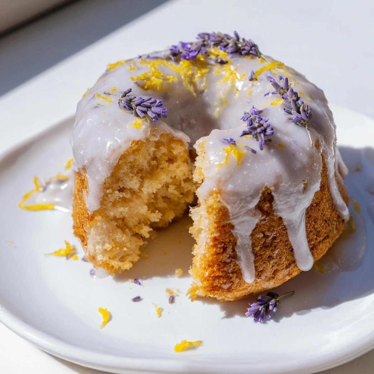 Mini lemon cakes topped with fragrant lavender glaze on a white plate