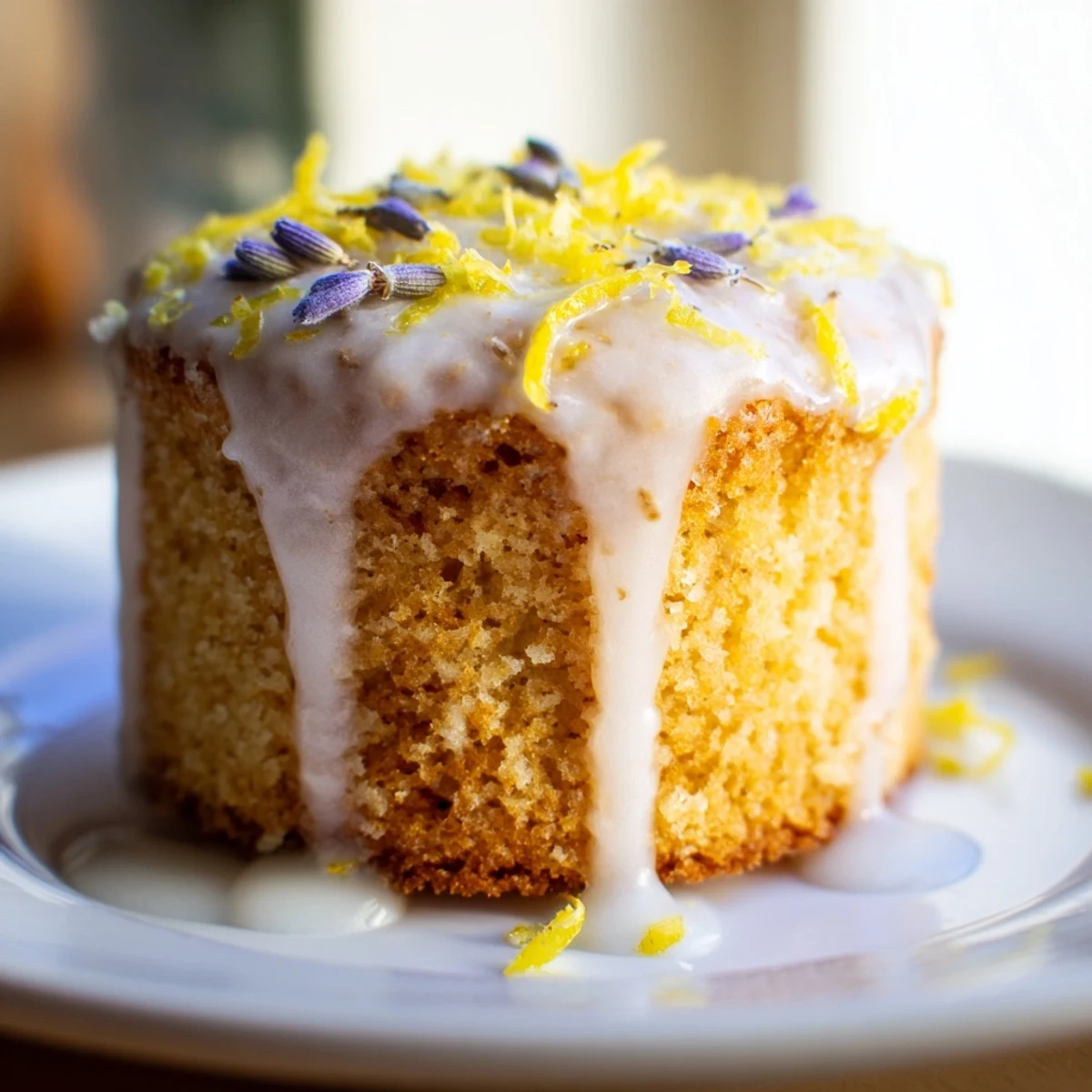 Tender lemon mini cakes glazed with sweet lavender frosting and fresh zest