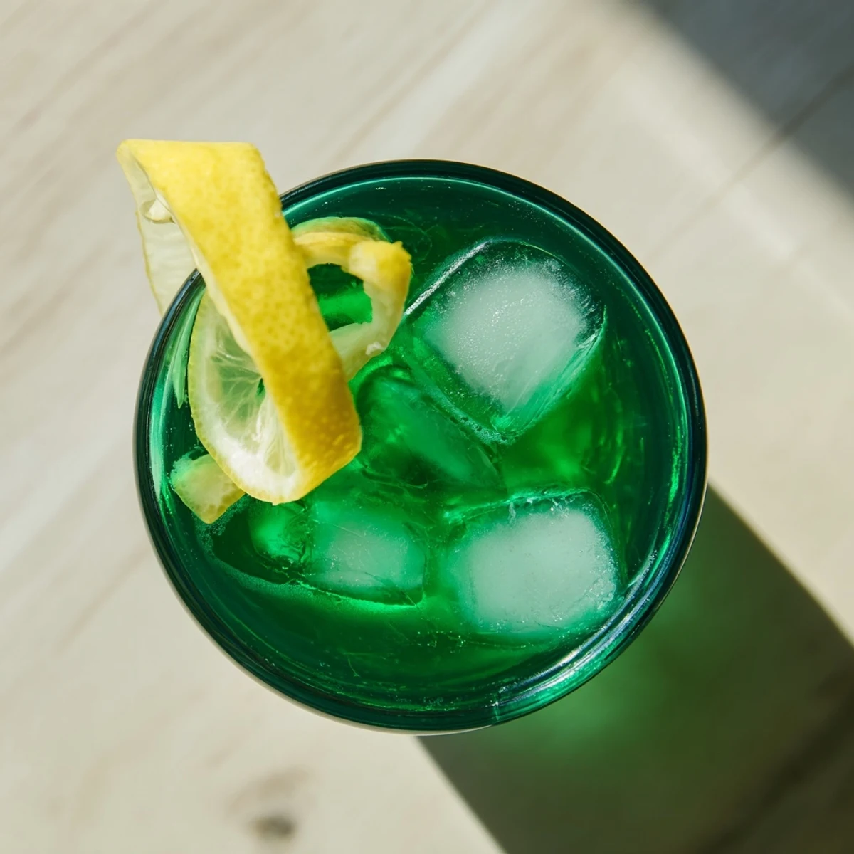 Emerald green Luck of the Irish cocktail featuring citrus notes and elegant lemon twist on a rocks glass