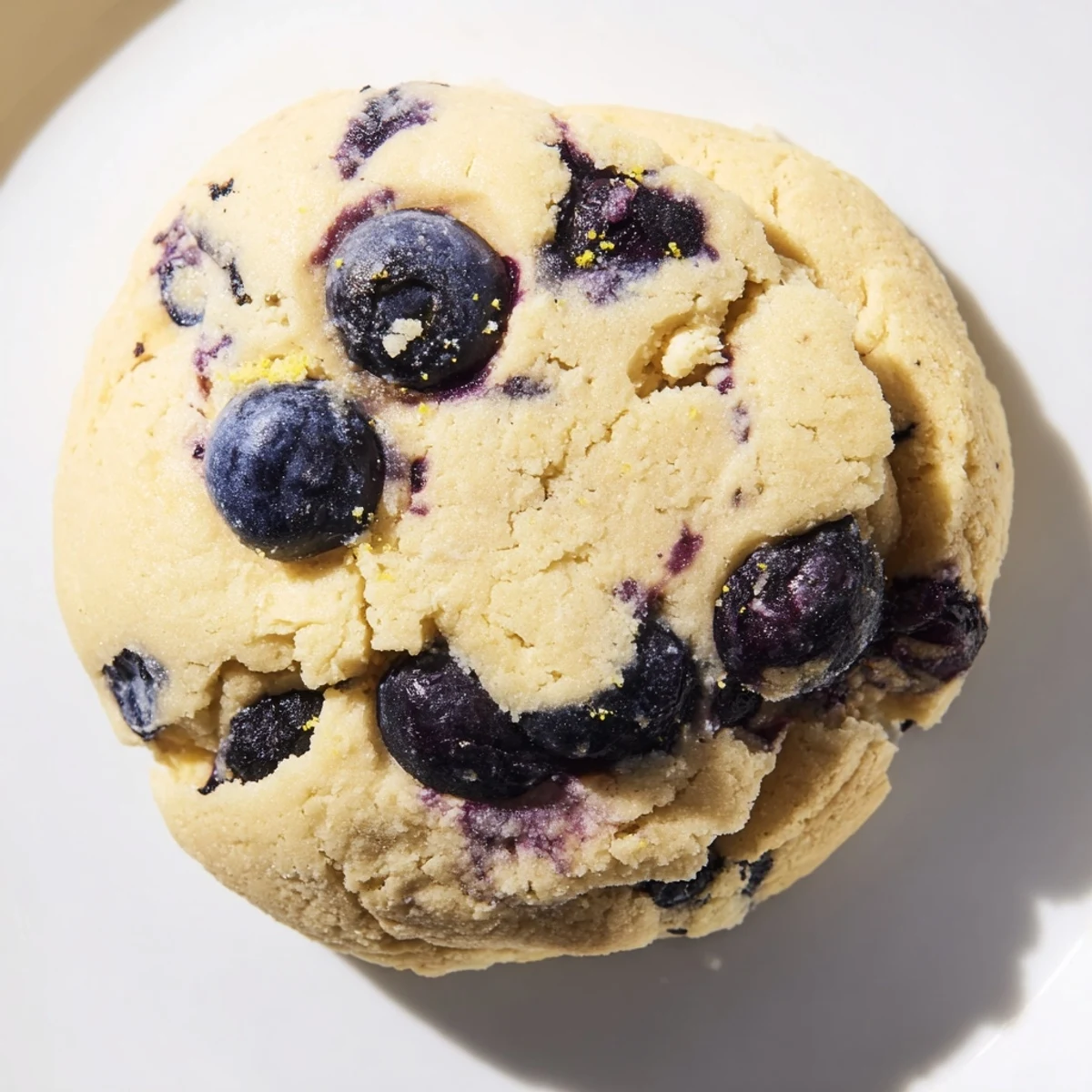 Soft lemon blueberry cheesecake cookies studded with fresh blueberries on a white plate