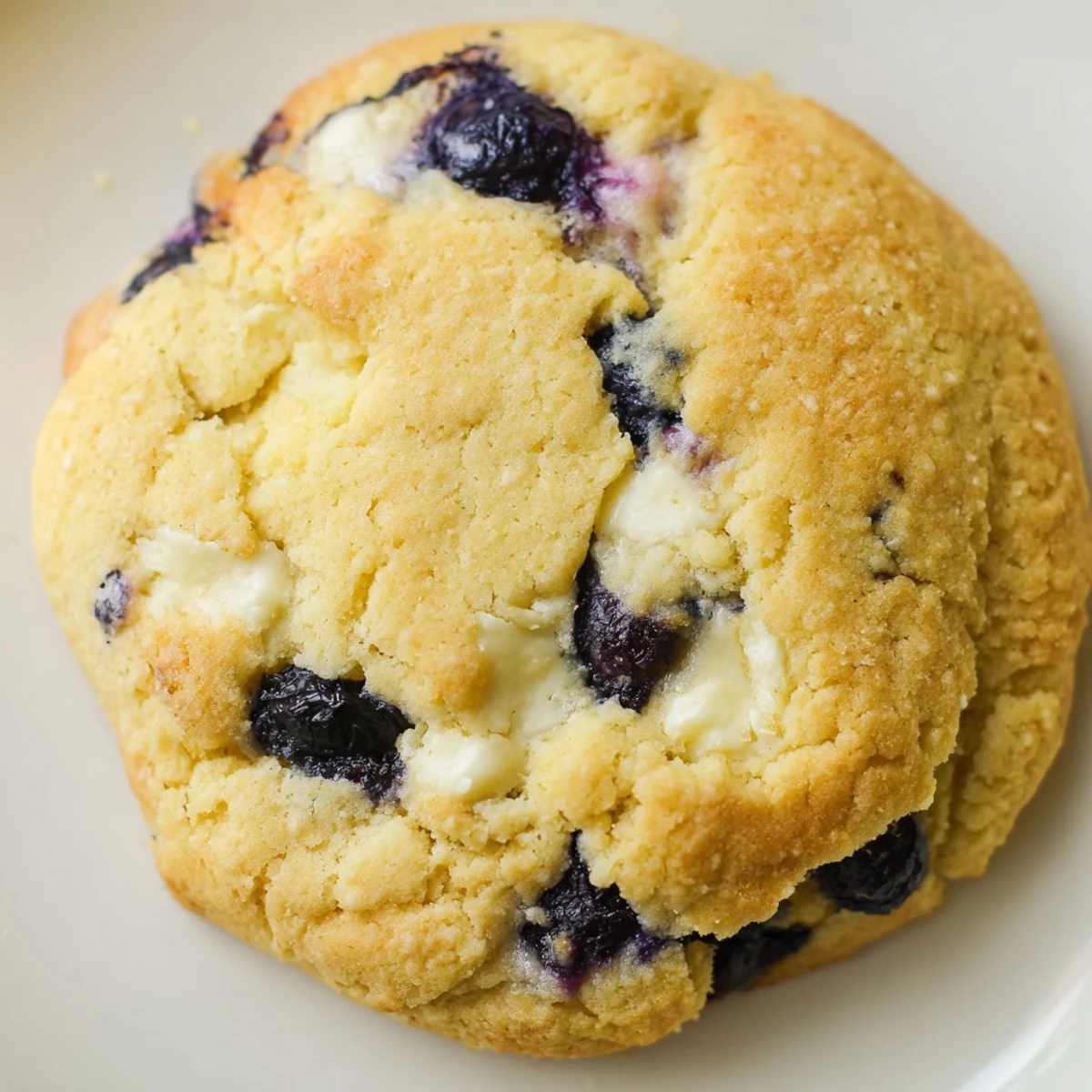 Close up of lemon blueberry cheesecake cookies showing burst berries and tender centers