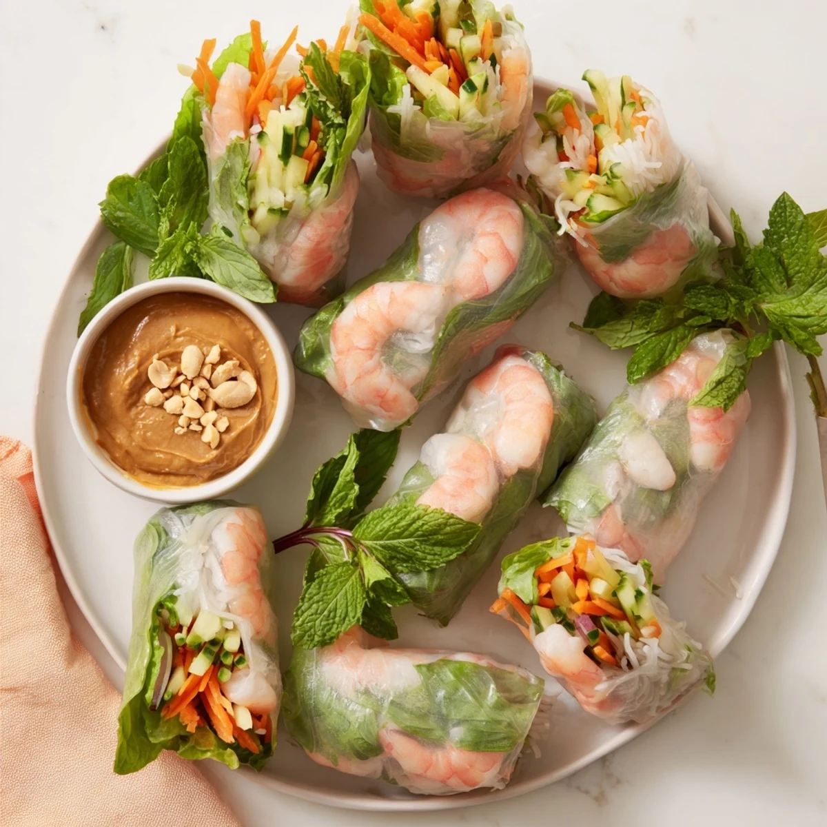 Fresh Vietnamese spring rolls showcasing translucent rice paper filled with vibrant shrimp, crisp vegetables, and green herbs