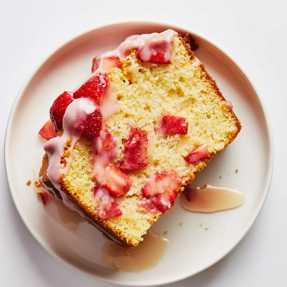 Golden strawberry pound cake slice topped with pink strawberry glaze and fresh berry pieces
