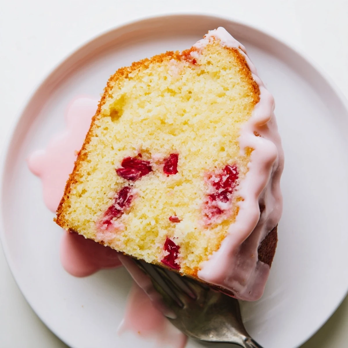 Moist buttery strawberry pound cake loaf drizzled with sweet strawberry glaze on white plate