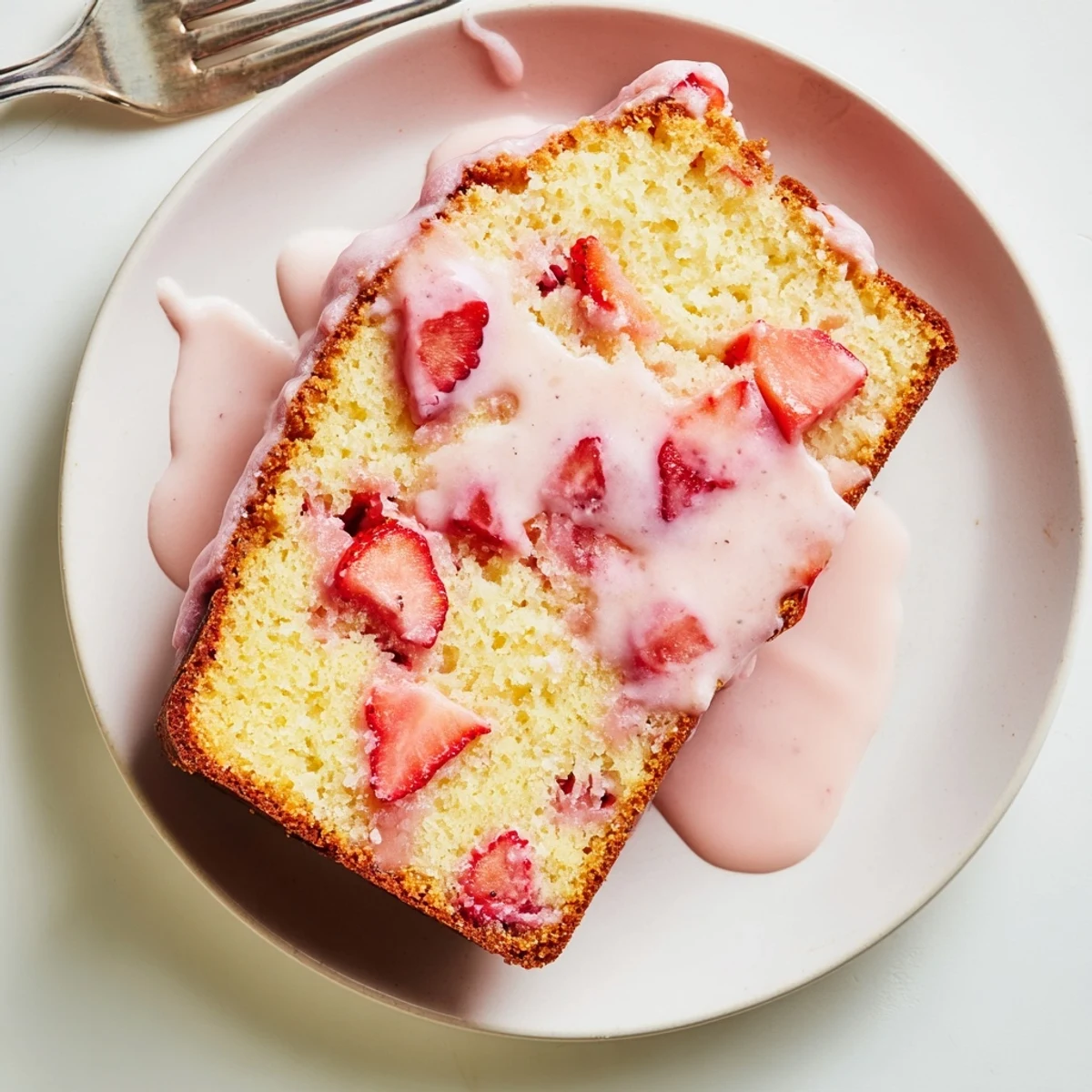Homemade strawberry pound cake with diced red berries throughout and pink glaze dripping down sides