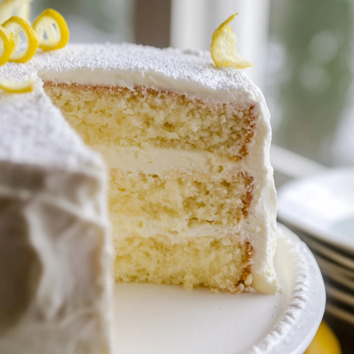 Italian lemon cream cake slice with fluffy white lemon mascarpone filling and powdered sugar topping