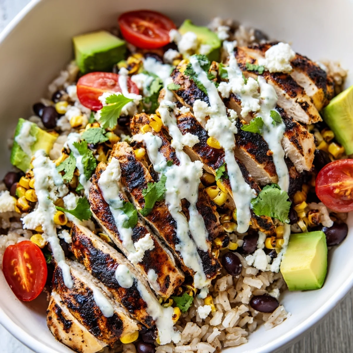 Golden grilled chicken slices atop colorful street corn chicken bowl with charred corn, black beans, avocado, and creamy yogurt-lime drizzle