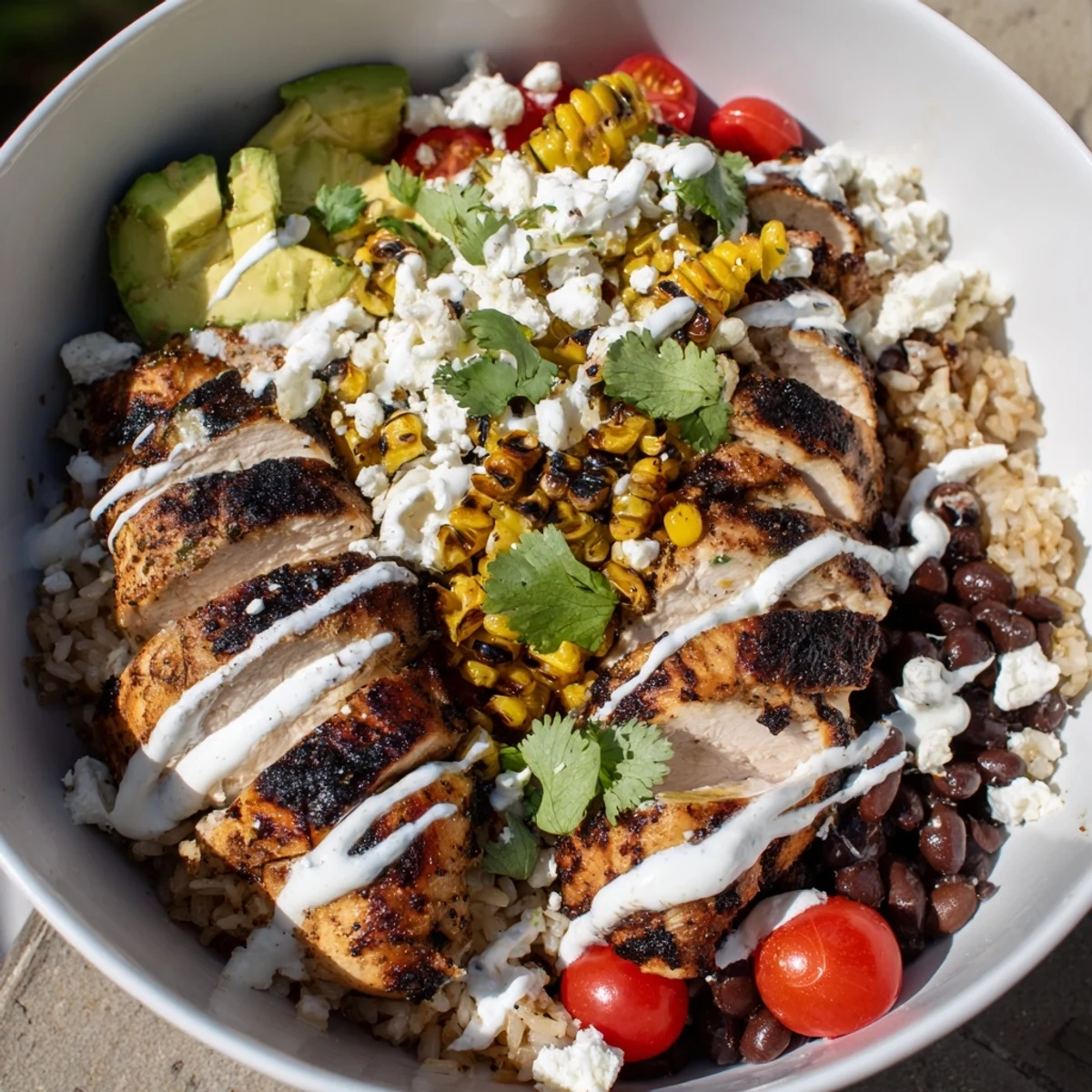 Vibrant protein packed street corn chicken bowl featuring spiced grilled chicken, cotija-dusted corn, cherry tomatoes, and zesty lime dressing