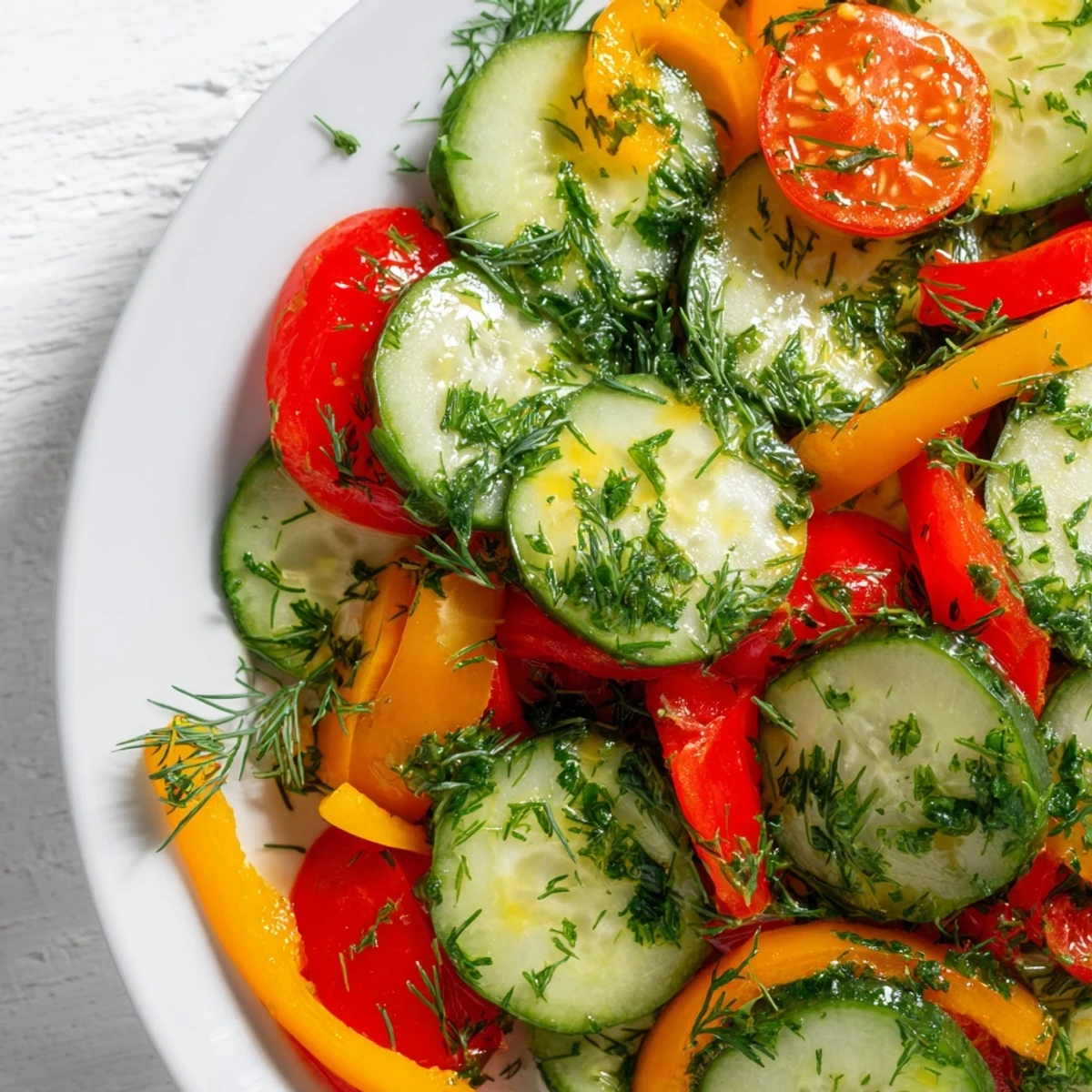 Fresh cucumber and sweet pepper salad tossed with colorful cherry tomatoes in a zesty lemon herb dressing