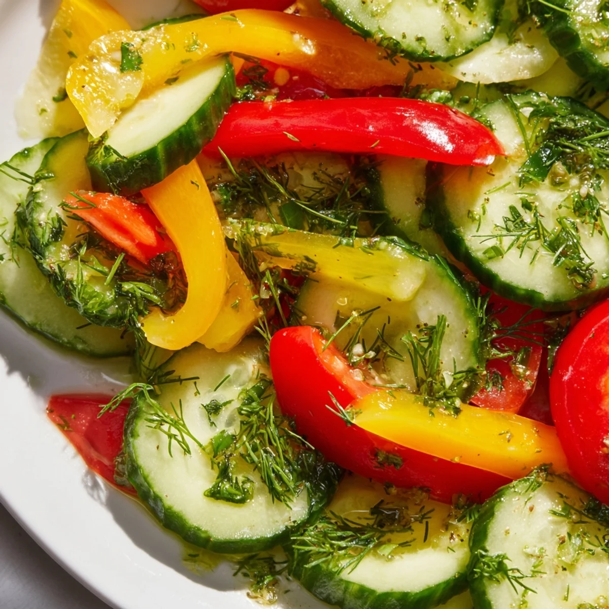 Crisp cucumber and sweet pepper salad featuring vibrant red and yellow bell peppers with fresh parsley and dill