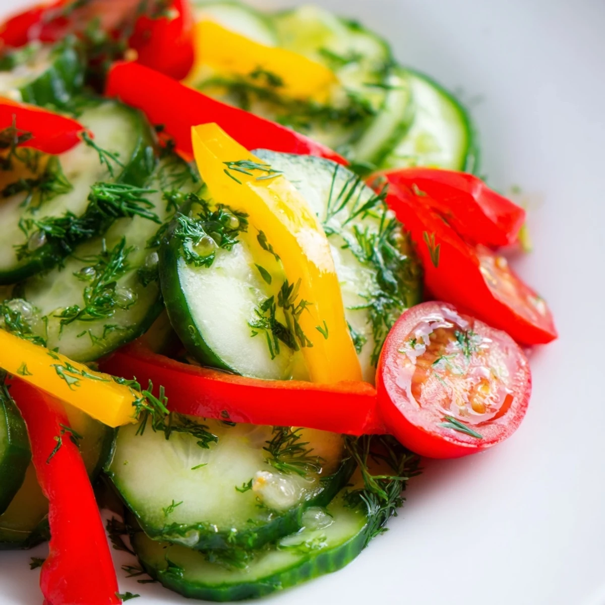 Colorful cucumber and sweet pepper salad bowl topped with cherry tomatoes and drizzled with olive oil dressing
