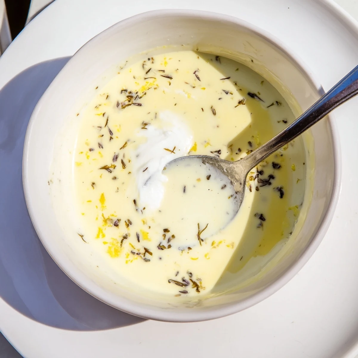 Glass jar filled with pale yellow creamy lemon vinaigrette dressing topped with fresh herbs