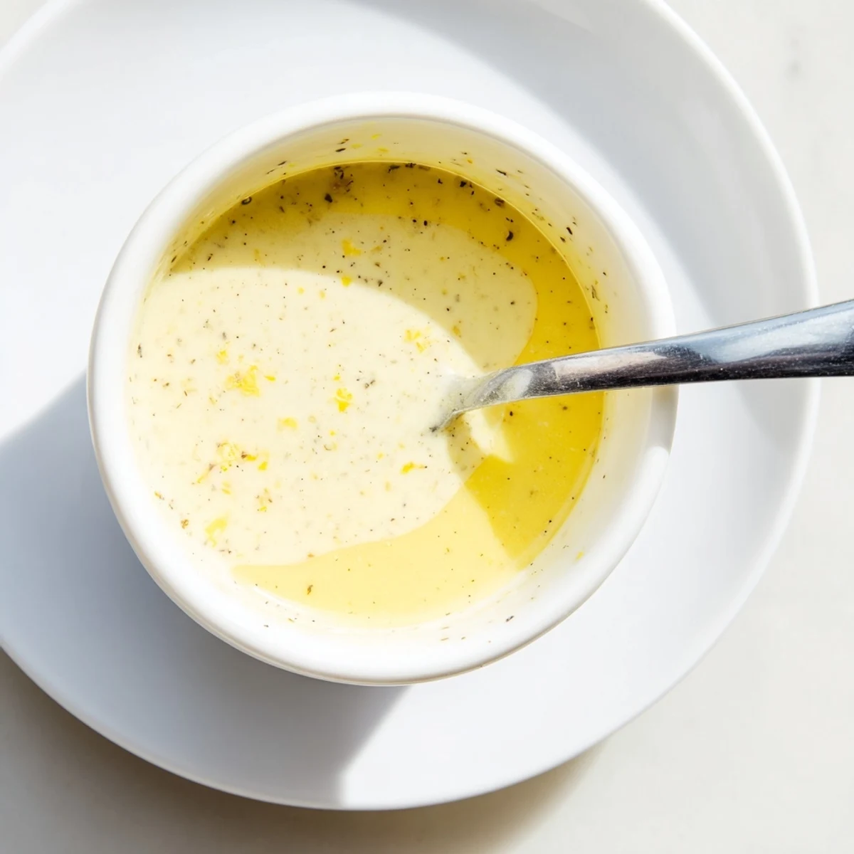 Close up of thick emulsified lemon dressing with visible oil droplets and zest specks