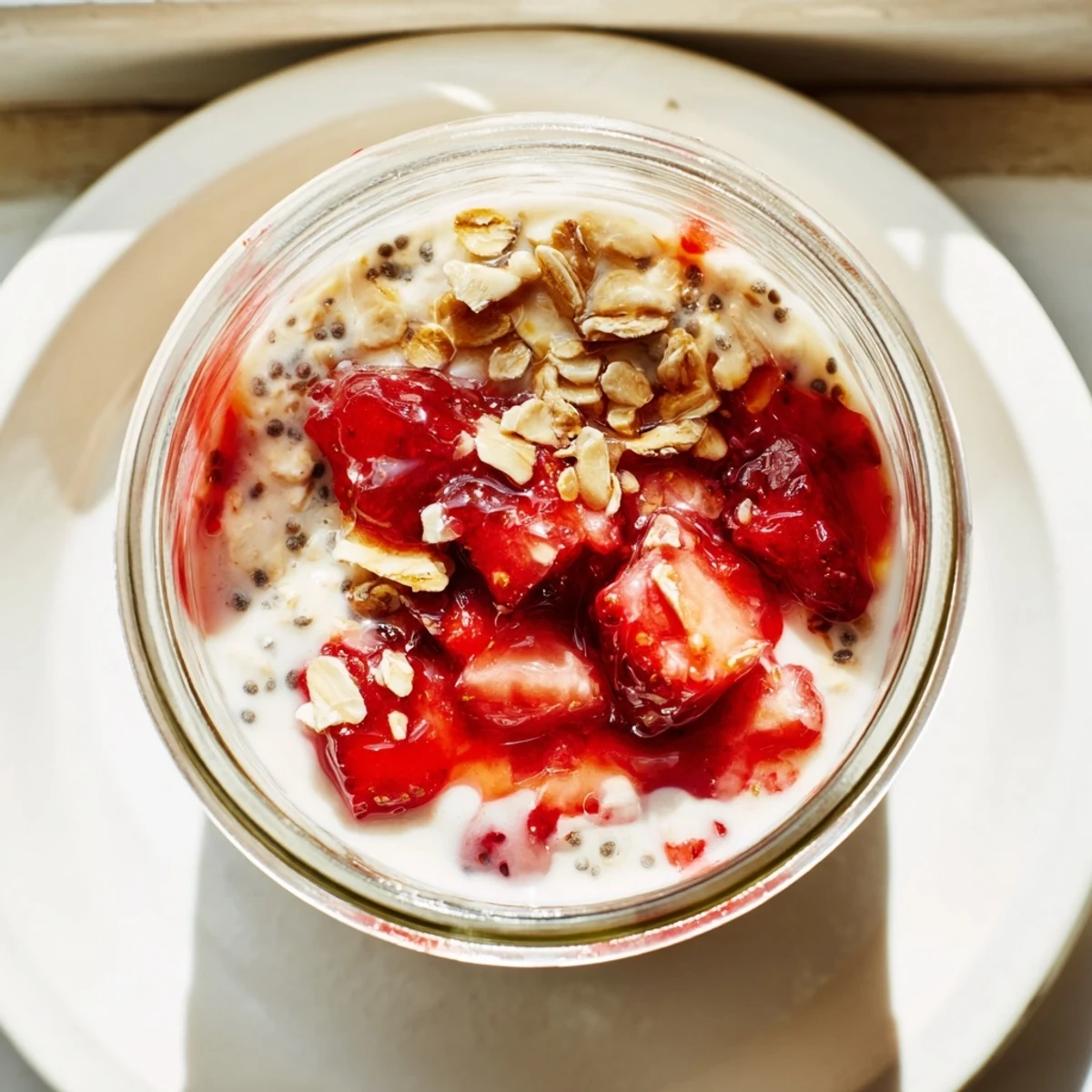 Creamy strawberries and cream overnight oats layered with fresh diced berries in glass jars
