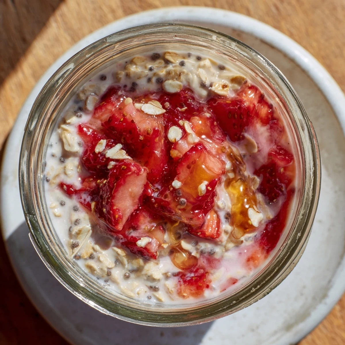 Glass jar of strawberries and cream overnight oats topped with sliced fruit and granola