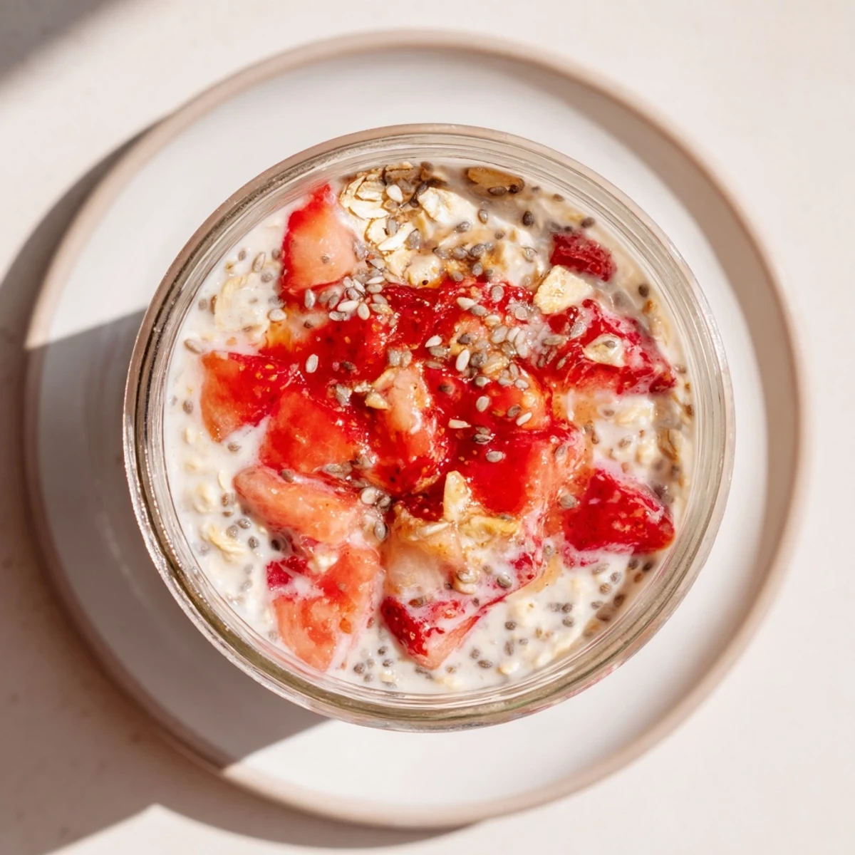 Make-ahead strawberries and cream overnight oats with chia seeds and juicy strawberry pieces