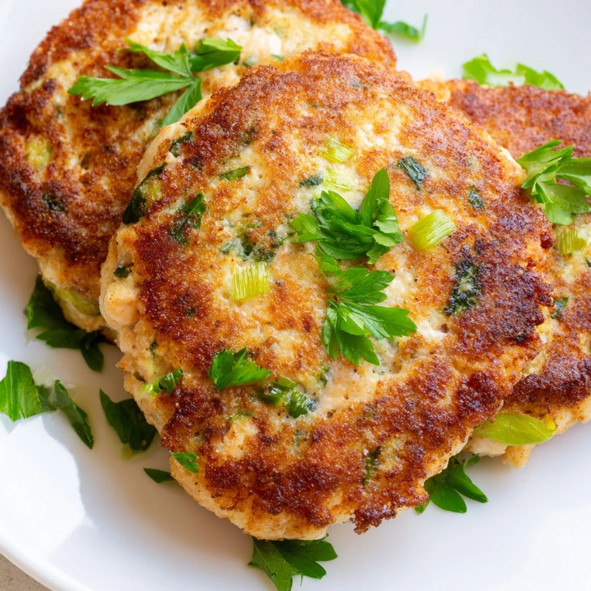 Golden brown easy salmon cakes with crispy edges served on a white plate with fresh lemon wedges