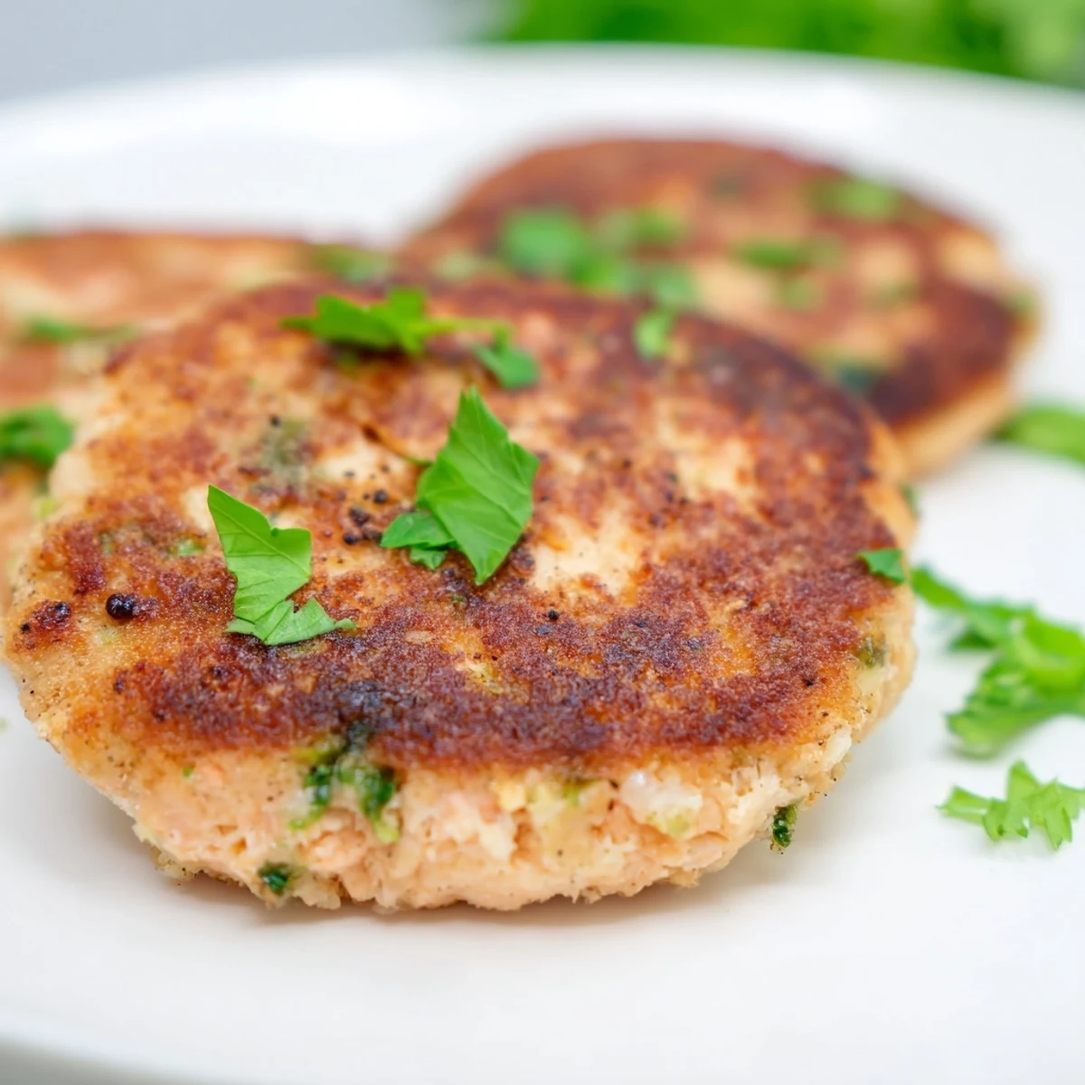 Pan-fried easy salmon cakes made with canned salmon, garnished with chopped parsley and creamy dipping sauce