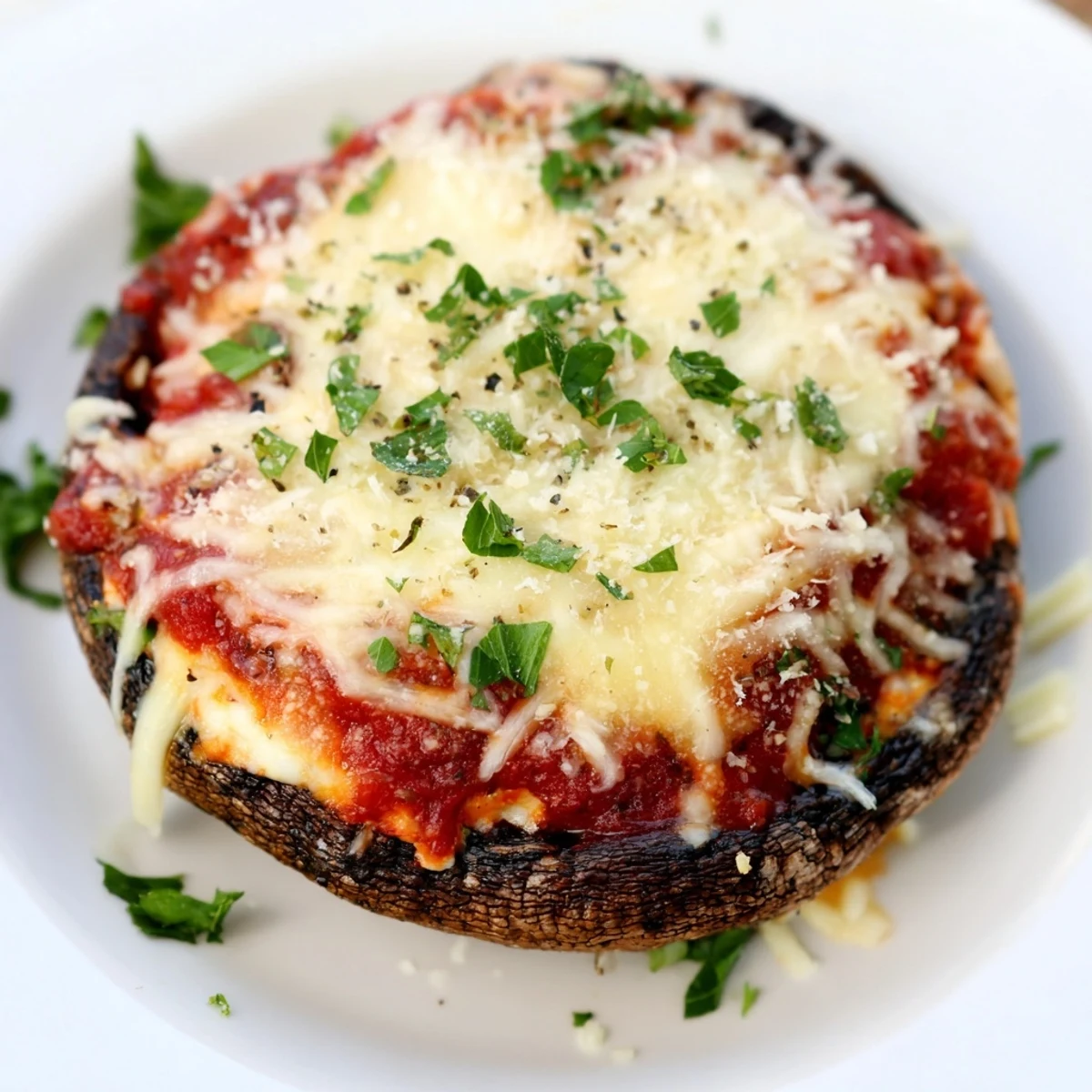 Golden-brown portobello mushrooms stuffed with ricotta filling and melted mozzarella cheese topping