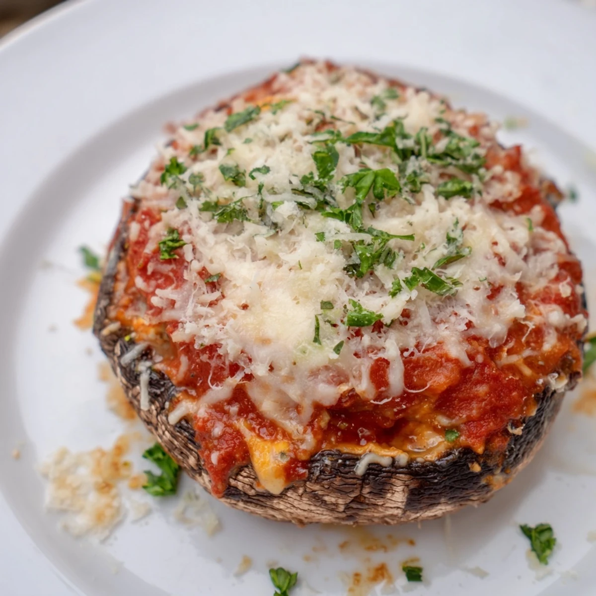 Hearty stuffed lasagna portobellos baking with bubbly cheese and rich red marinara sauce
