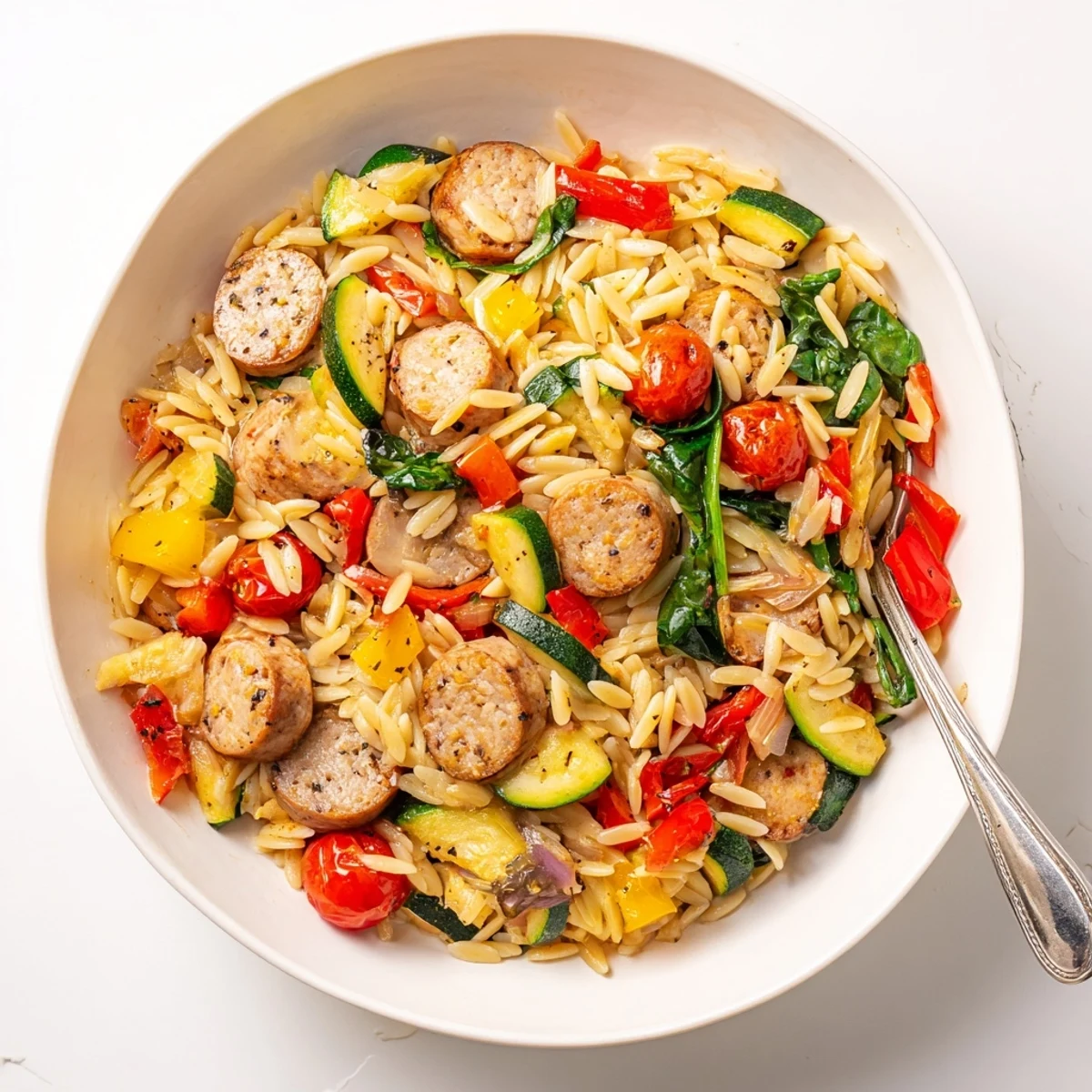 Golden chicken sausage orzo one pot meal with colorful vegetables in a shallow white bowl, garnished with fresh green basil and parmesan cheese on a wooden table