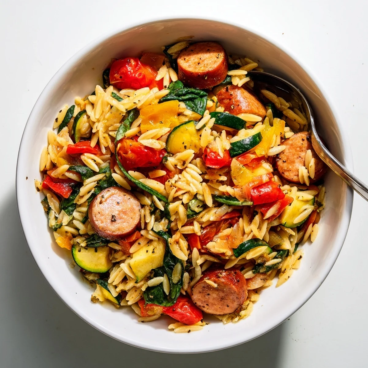 Steaming chicken sausage orzo one pot meal plated with grape tomatoes and savory broth, captured from above with natural lighting on a dark surface
