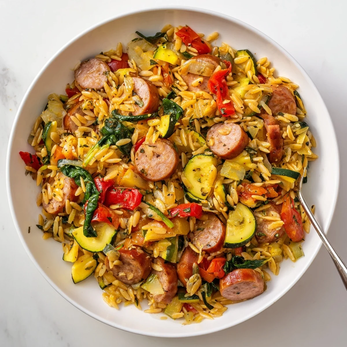 Creamy chicken sausage orzo one pot meal featuring tender pasta, sliced sausage, red bell pepper, zucchini, and wilted spinach in a rustic serving dish