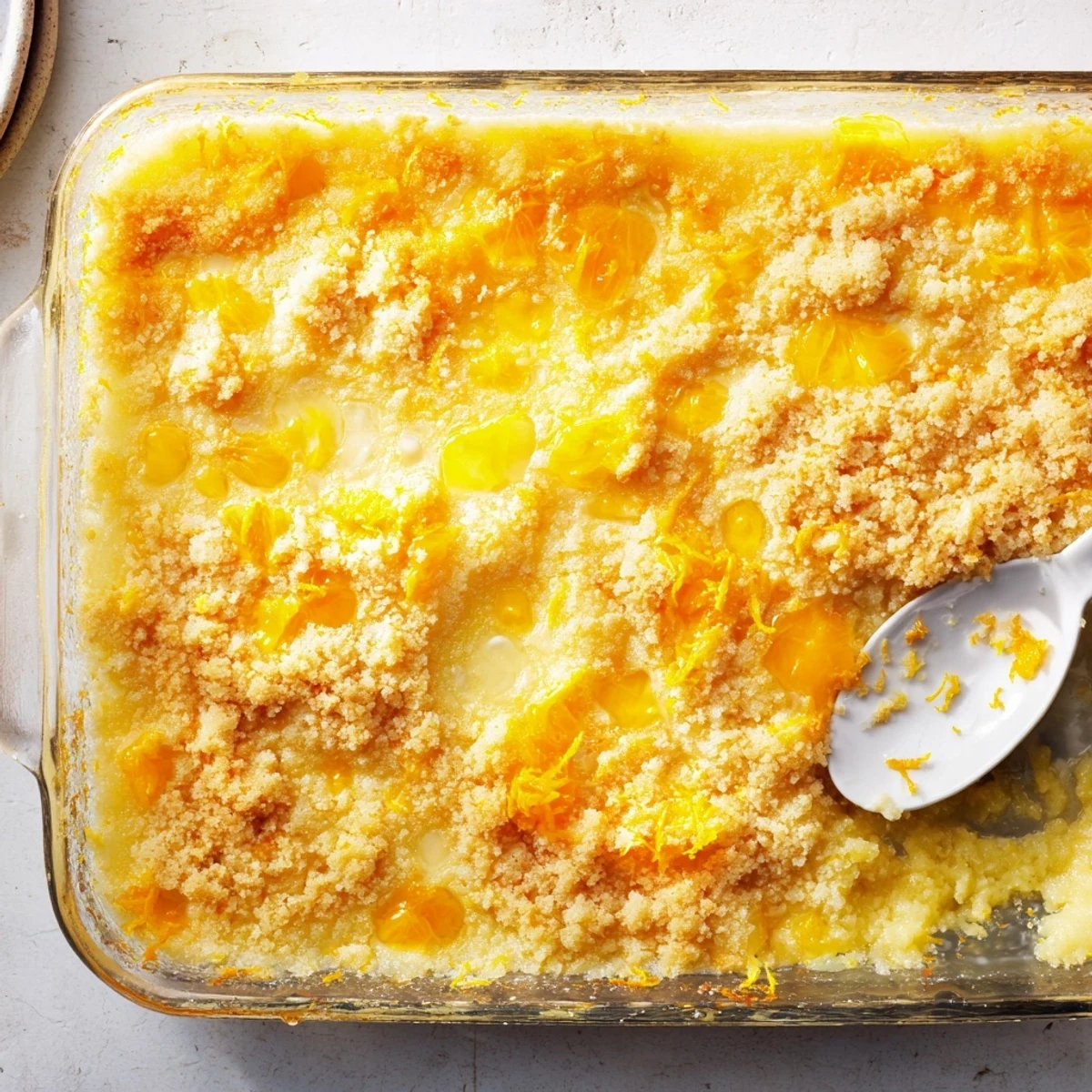 Zesty lemon dump cake baked until golden with mandarin orange segments peeking through