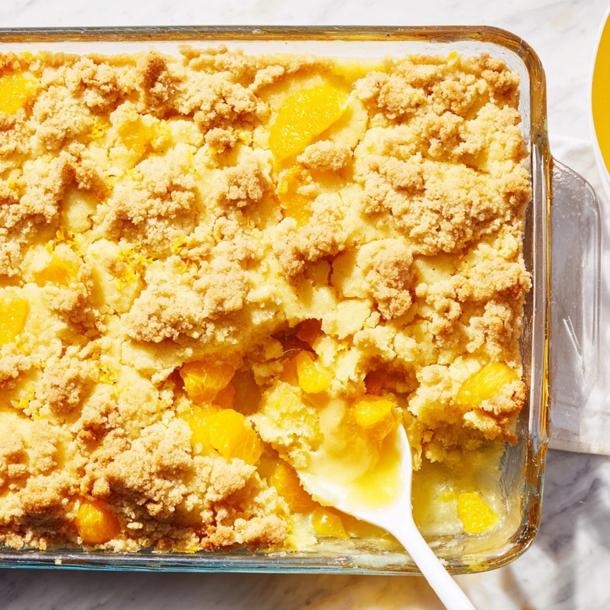 Warm citrus lemon dump cake served in a square baking dish with glossy fruit filling