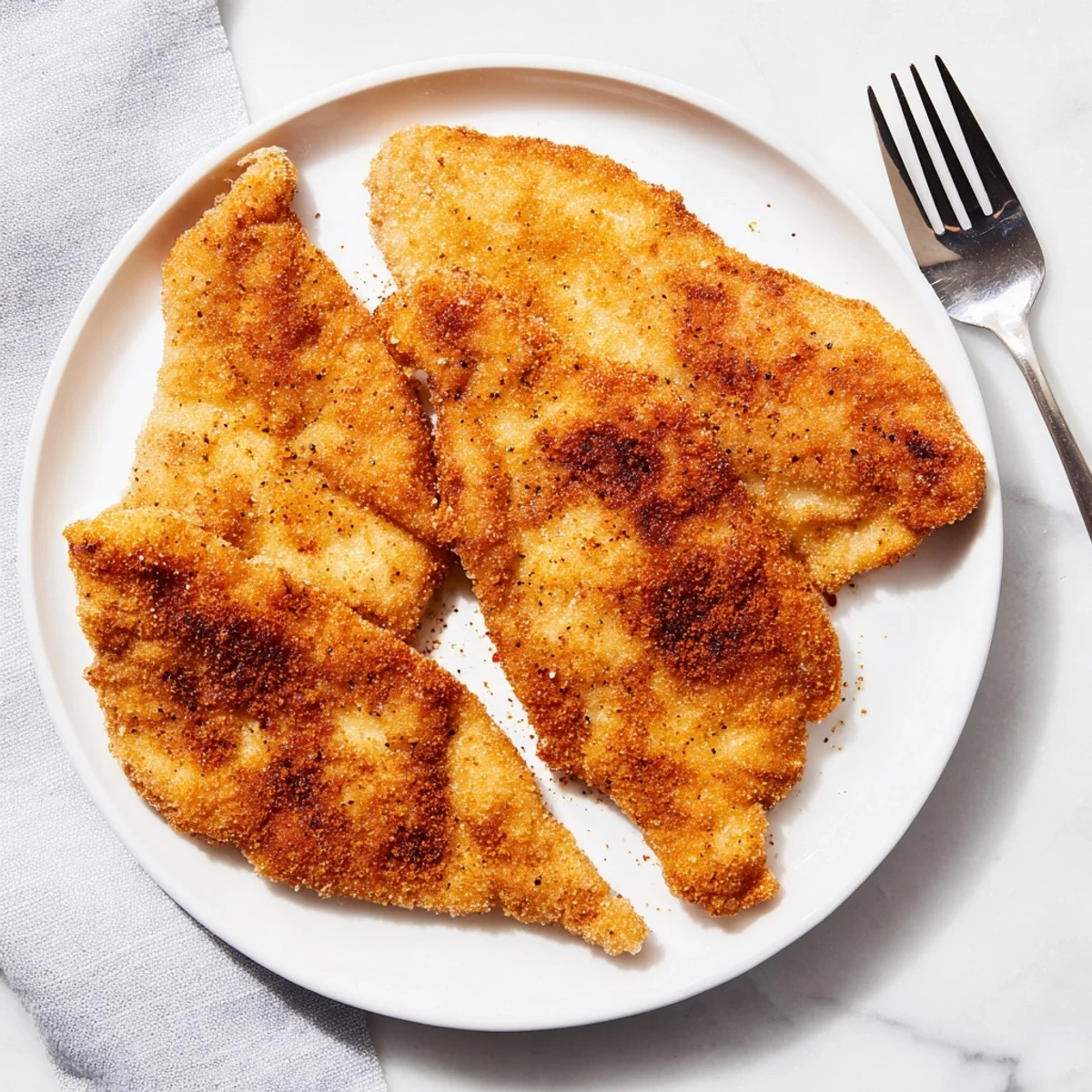 Close-up of double-breaded crispy chicken fried chicken showing the crunchy seasoned coating texture
