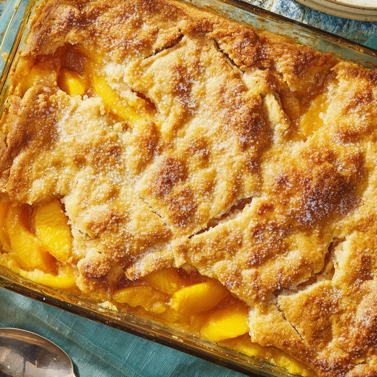 Classic peach cobbler featuring tender baked peaches beneath a buttery golden pastry topping